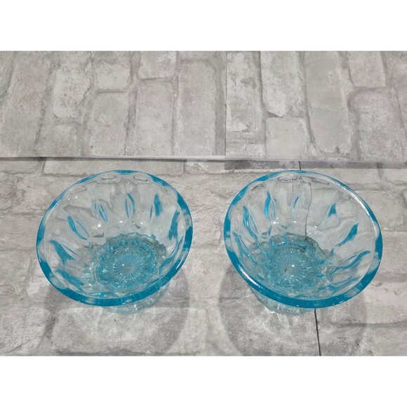 Vintage Lot of 2 Matching Aqua/Turquoise Blue Glass Thumbprint Pedestal Bowl Thu - Picture 2 of 10
